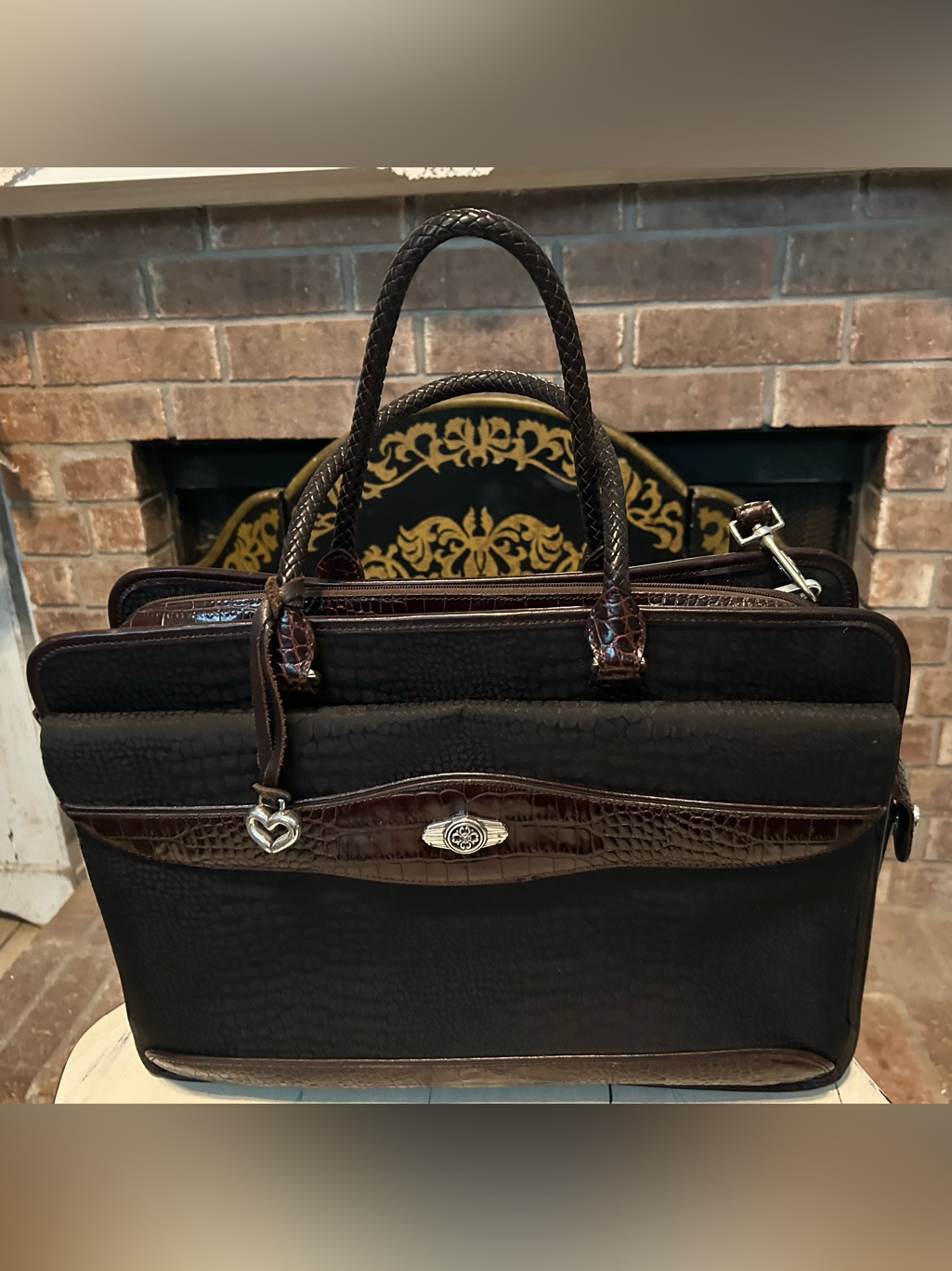 Brighton Martha Black Brown Croc Leather Laptop Briefcase Shoulder Bag Tote